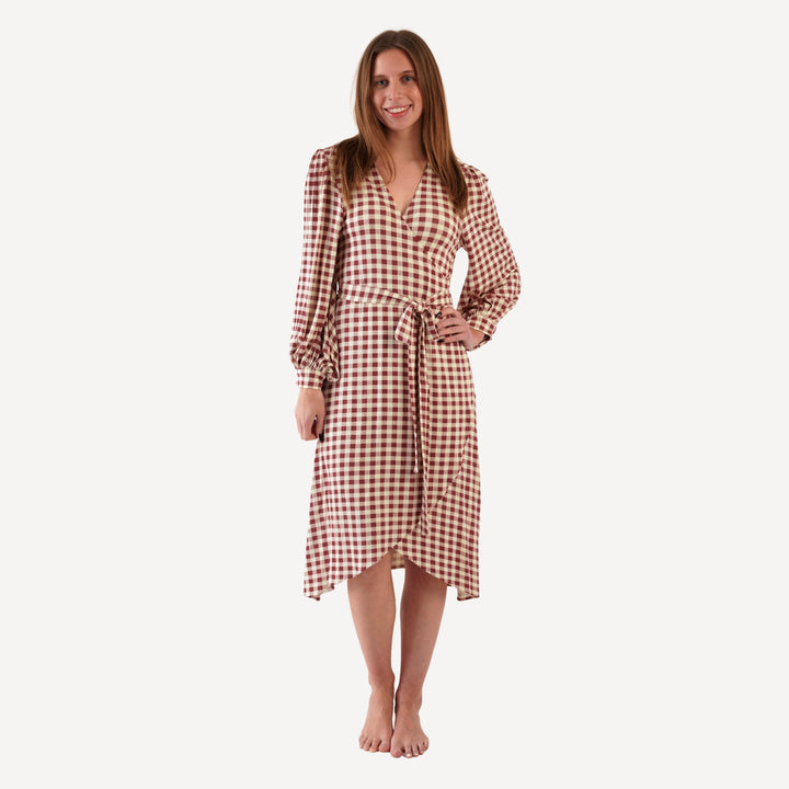 womens balloon sleeve midi wrap dress | berry gingham | bamboo