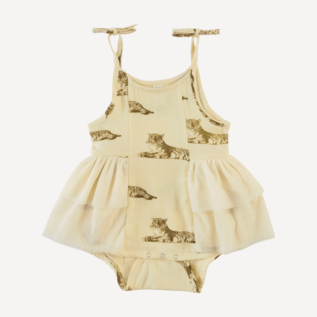 spaghetti tie double ruffle ballerina bubble | classic tiger | organic cotton gauze
