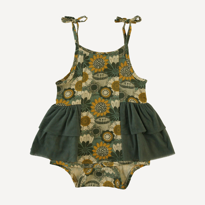 spaghetti tie double ruffle ballerina bubble | honey mustard flower doodles | organic cotton gauze