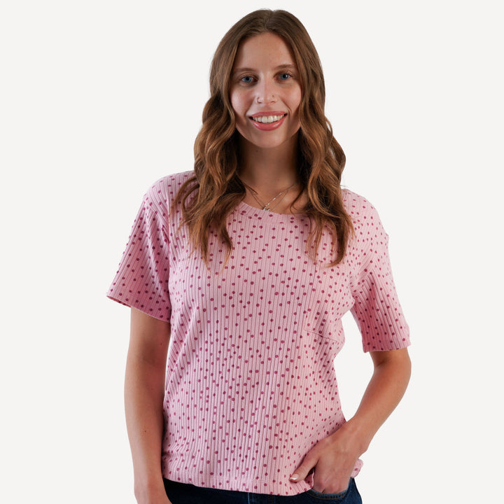 womens short sleeve pocket boxy top | mauve dot | organic cotton wide rib