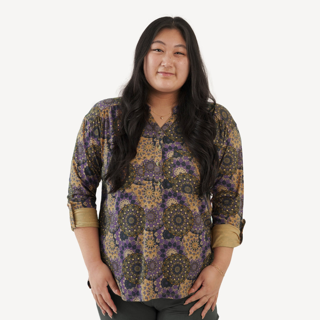 womens long sleeve gathered pocket henley tee | purple mandala | bamboo