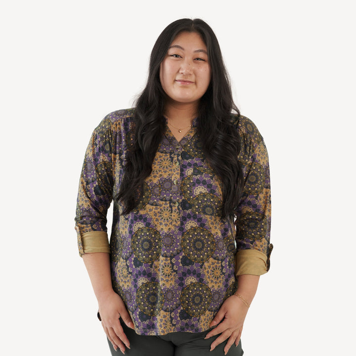 womens long sleeve gathered pocket henley tee | purple mandala | bamboo