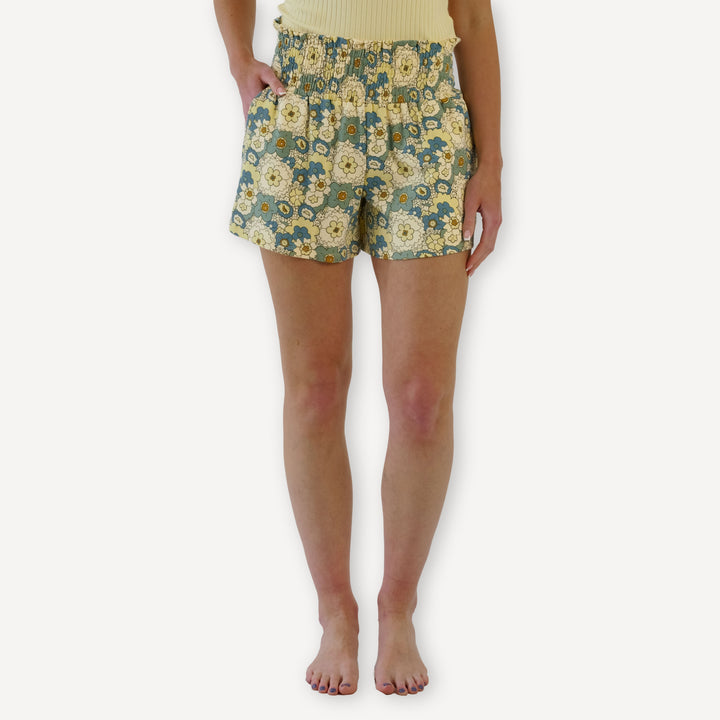 womens smocked short | 60s floral | organic cotton interlock