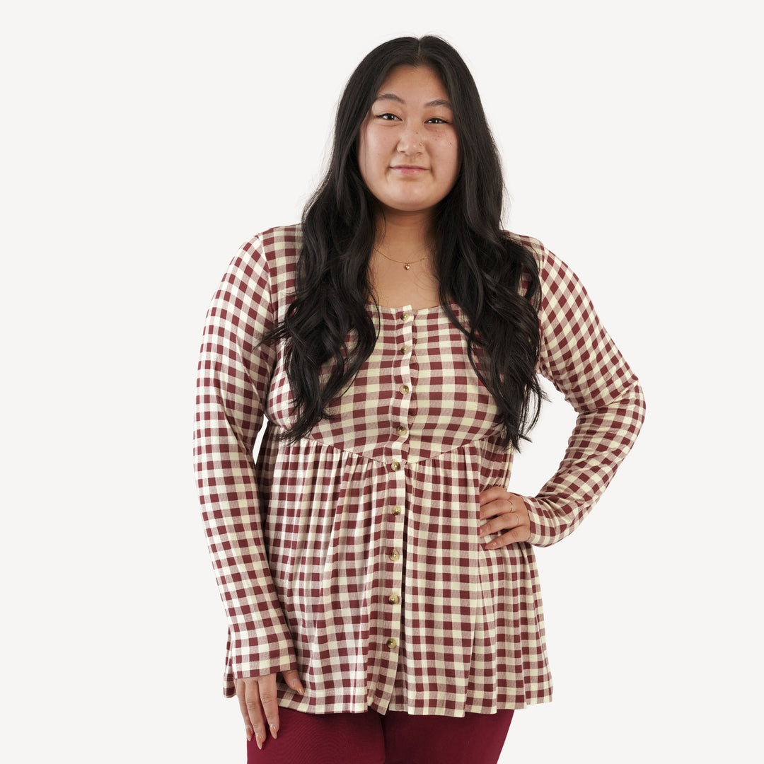 womens long sleeve button v-waist top | berry gingham | bamboo