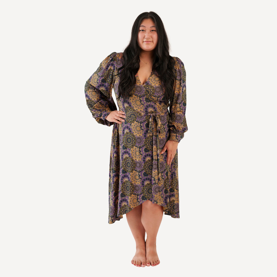 womens balloon sleeve midi wrap dress | purple mandala | bamboo