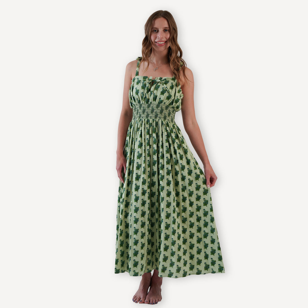 womens spaghetti tie winnie dress | blue tiny calendula | organic cotton gauze