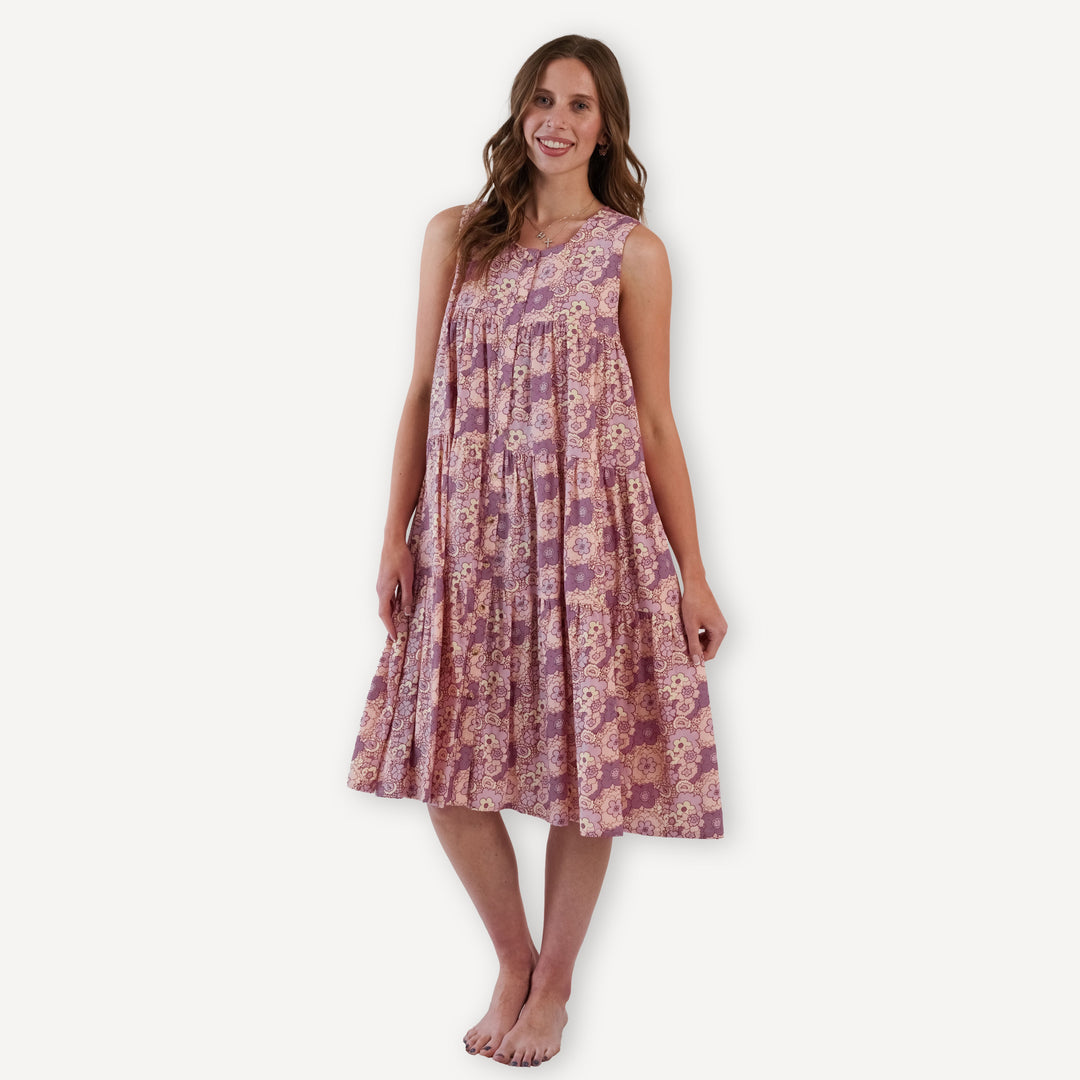 womens sleeveless tiered dress | mauve 60s floral | organic cotton gauze