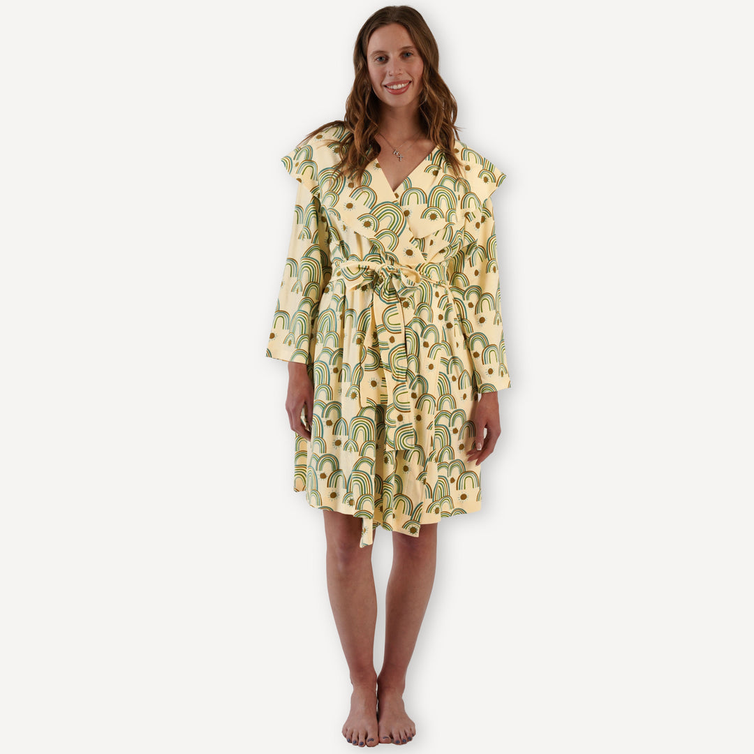 womens wrap robe | multi rainbow | organic cotton interlock