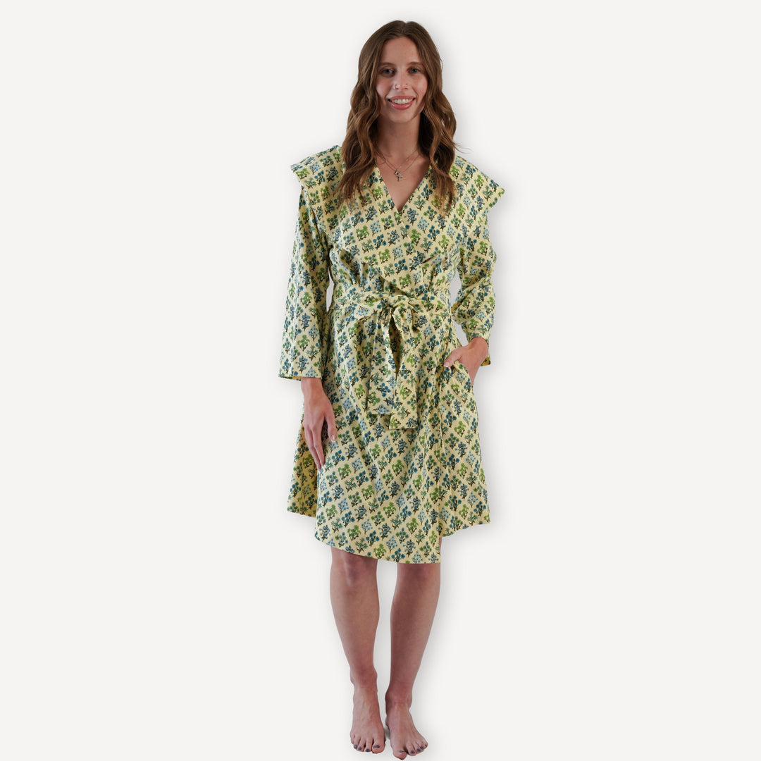womens wrap robe | blue floral bouquet | organic cotton interlock