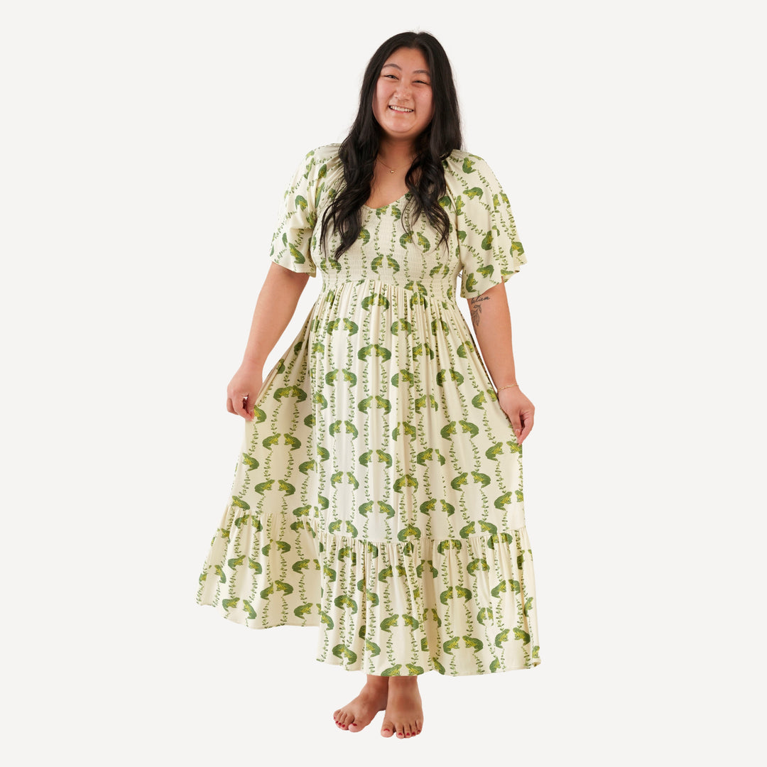 womens flutter sleeve smocked midi dress | garden frog | bamboo