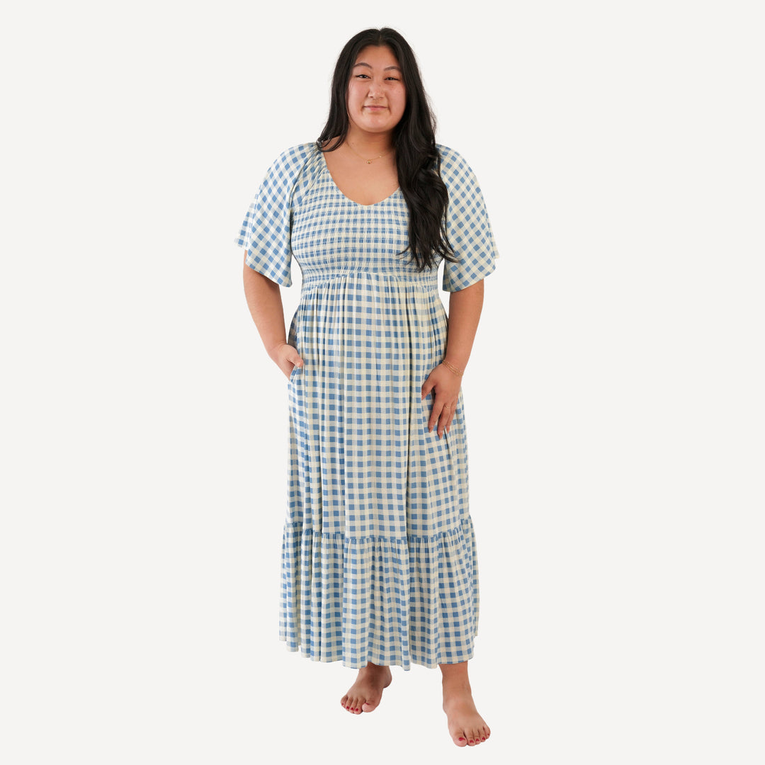 womens flutter sleeve smocked midi dress | blue gingham | bamboo
