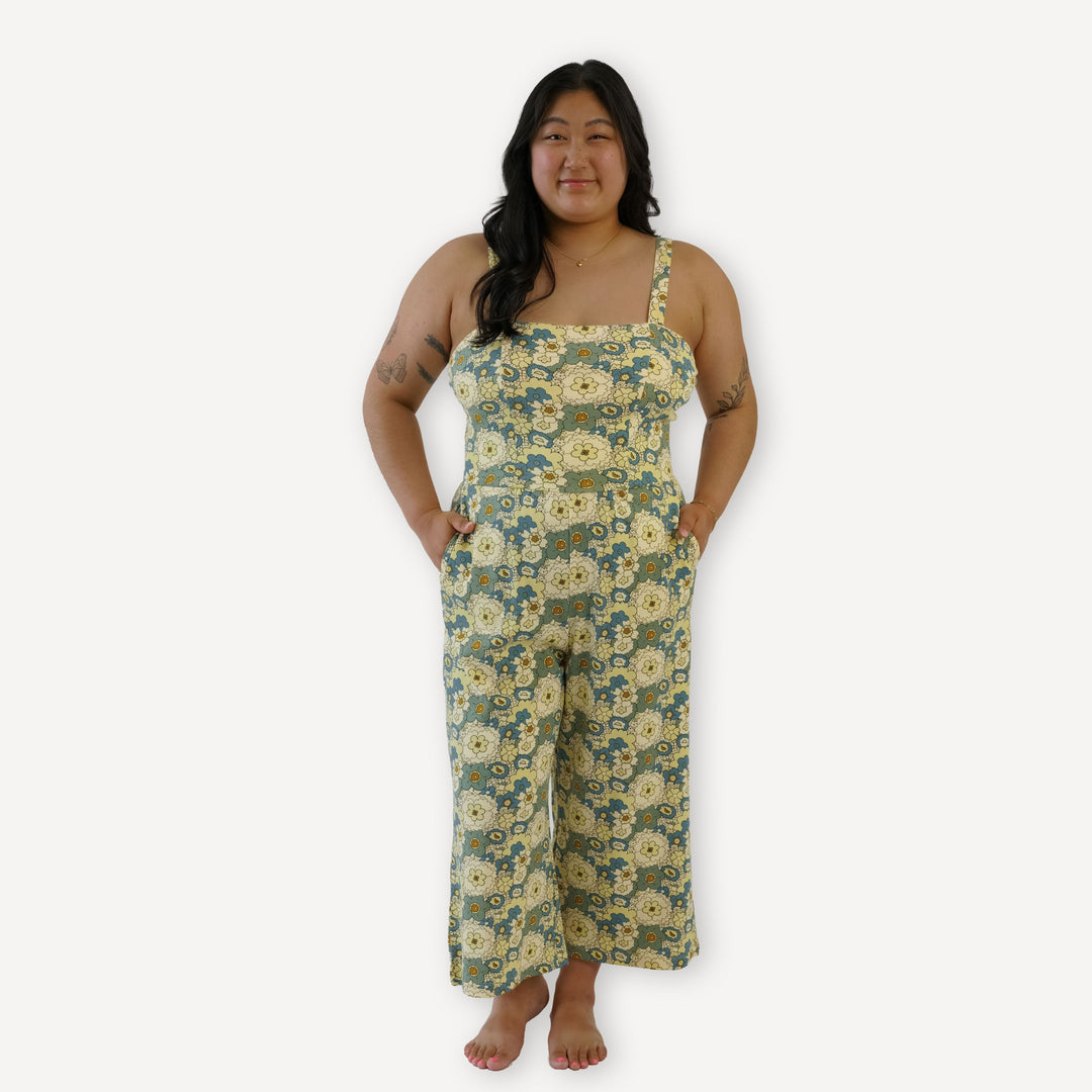 womens smocked tie back jumpsuit | 60s floral | organic cotton interlock