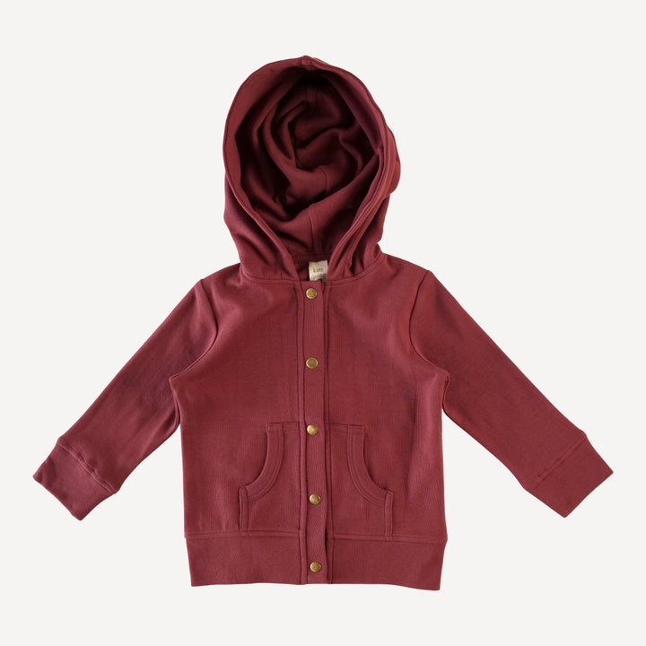 long sleeve kanga snap hoodie | bordeaux | organic cotton interlock