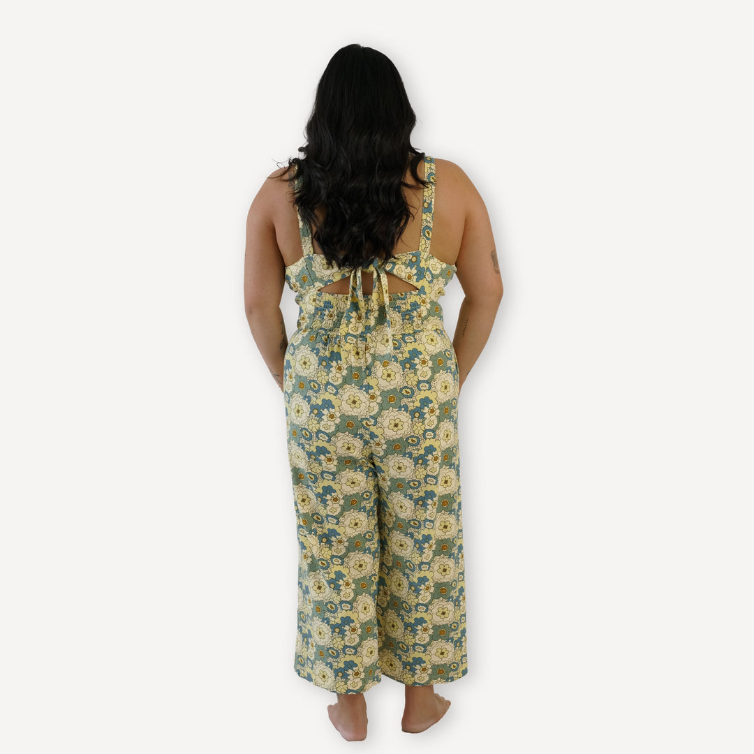 womens smocked tie back jumpsuit | 60s floral | organic cotton interlock