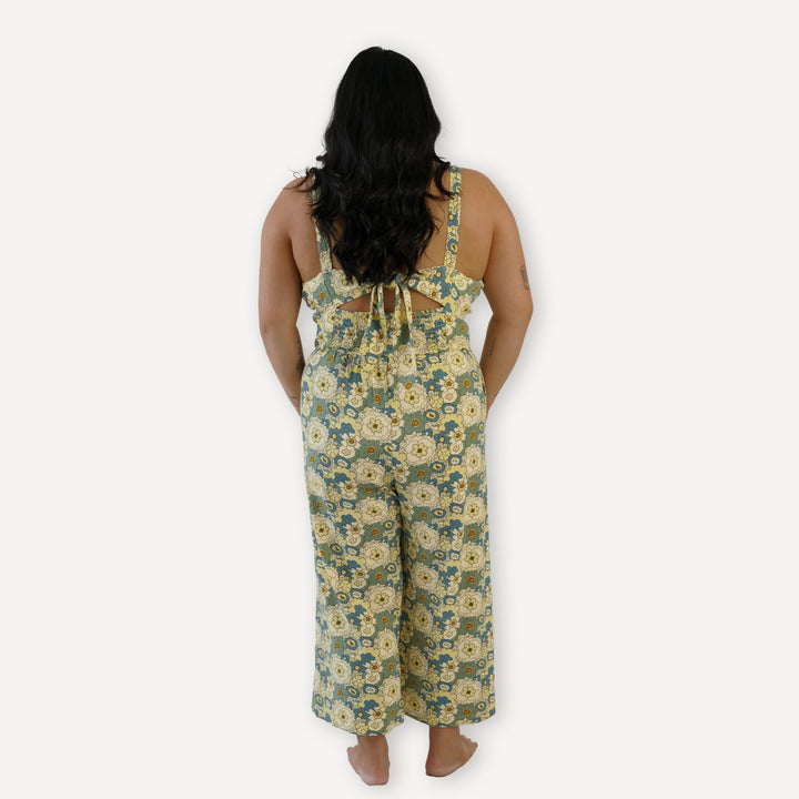 womens smocked tie back jumpsuit | 60s floral | organic cotton interlock
