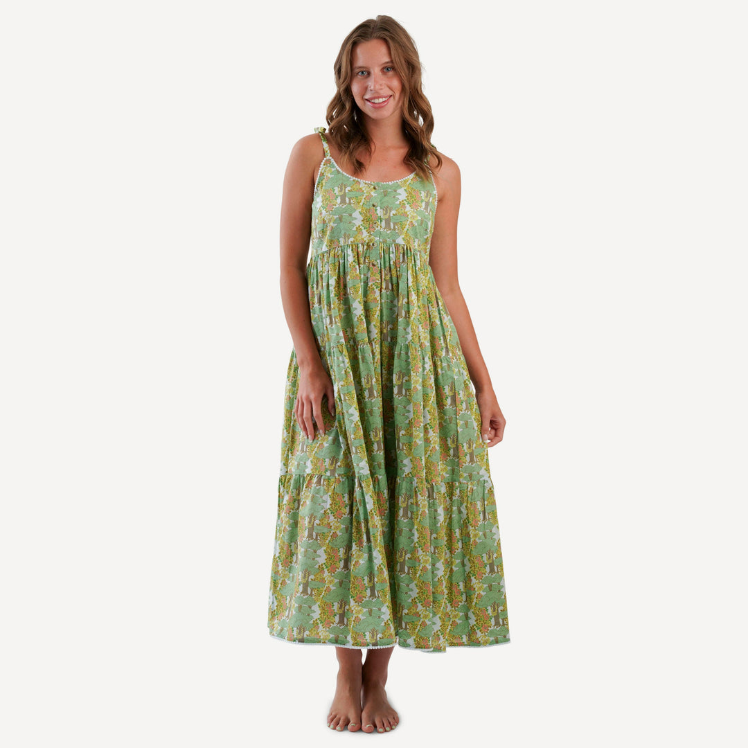 womens spaghetti tie pom pom prairie dress | goldilocks morning woods | organic cotton woven
