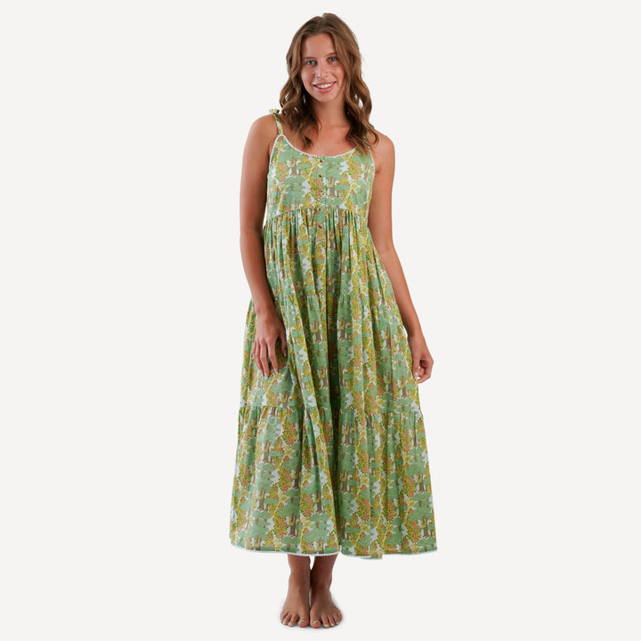 womens spaghetti tie pom pom prairie dress | goldilocks morning woods | organic cotton woven