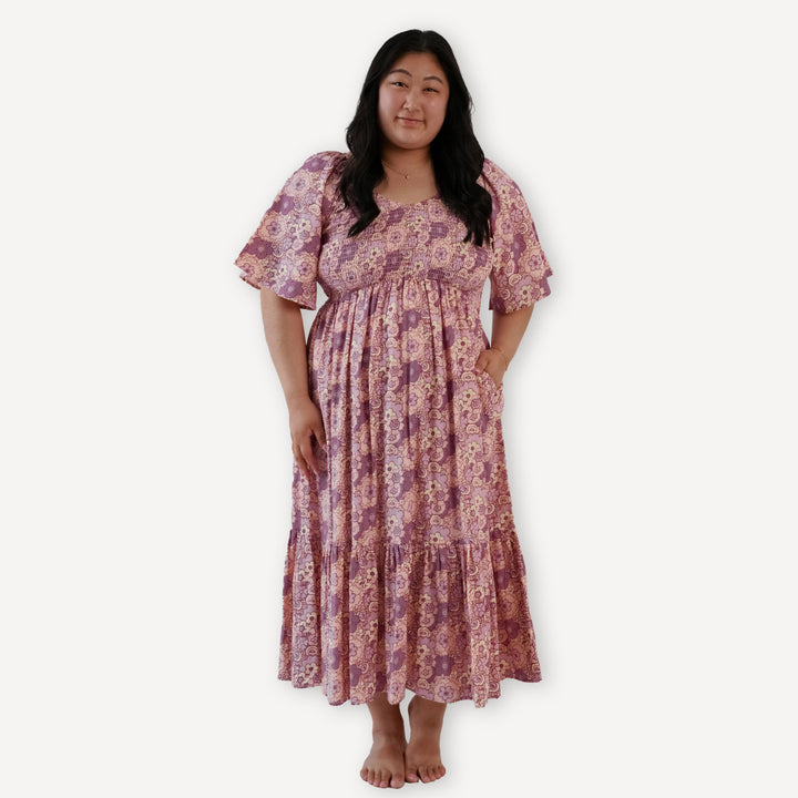 womens flutter sleeve smocked midi dress | mauve 60s floral | organic cotton gauze