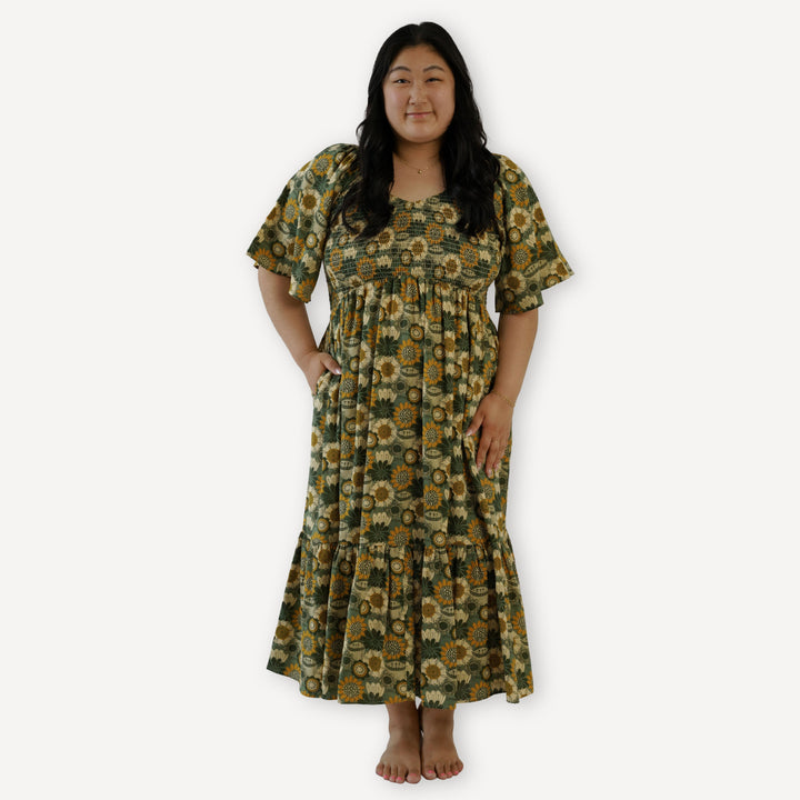 womens flutter sleeve smocked midi dress | honey mustard flower doodles | organic cotton gauze