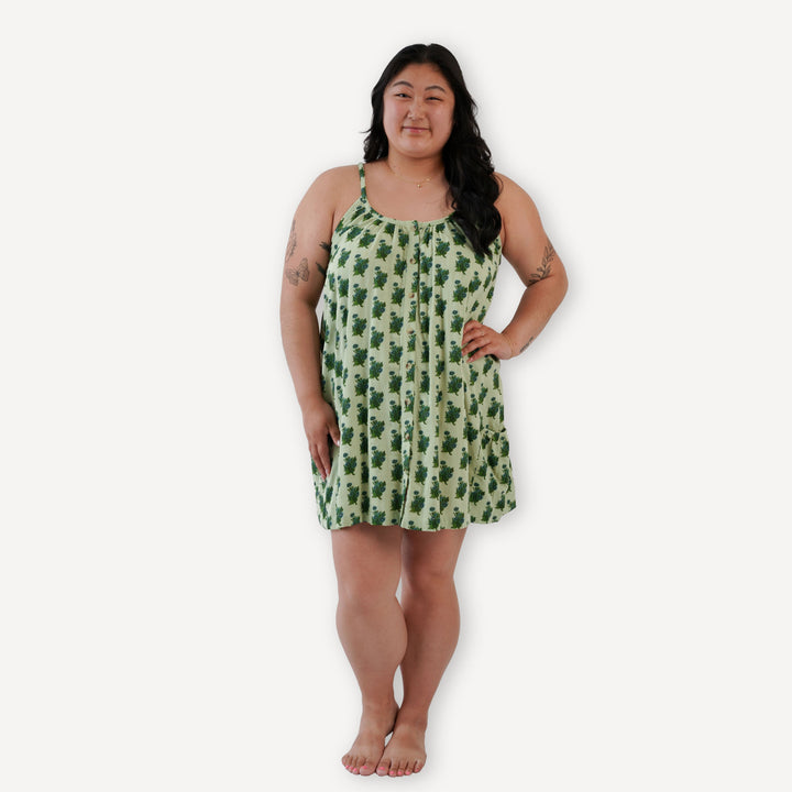 womens gathered pocket button dress | blue tiny calendula | organic cotton gauze