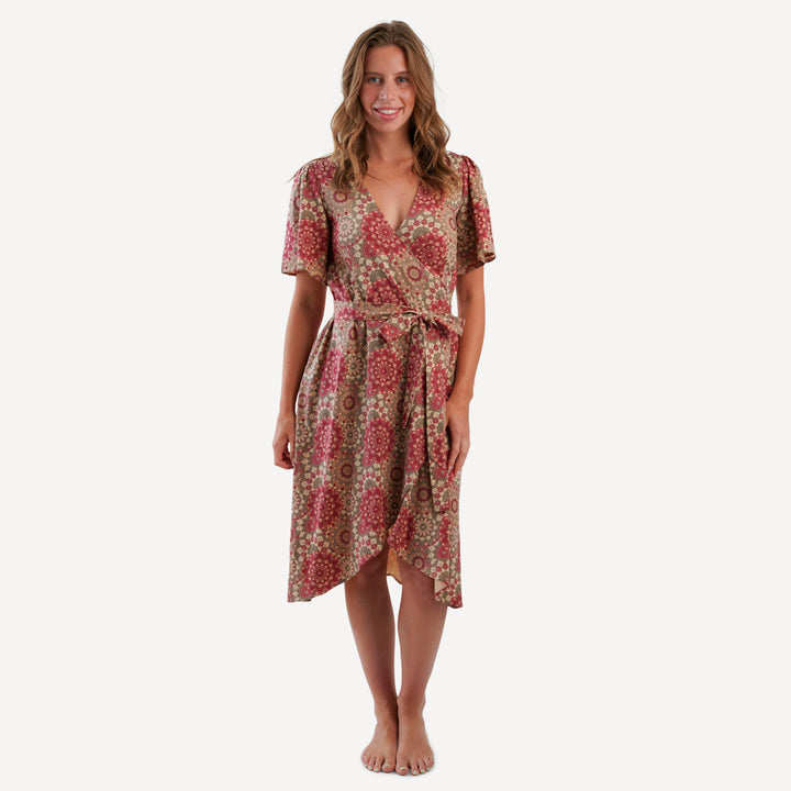 womens flutter sleeve wrap dress | earthen mandala | organic cotton jersey