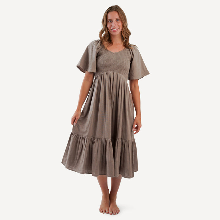 womens rosette dress | dark truffle | organic cotton gauze