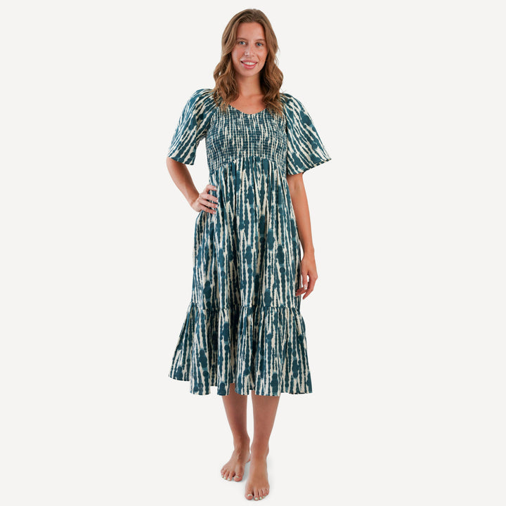 womens rosette dress | tapestry water drops | organic cotton gauze