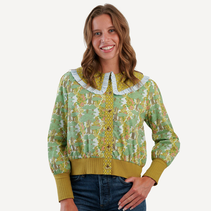 womens ruffle collar jacket | goldilocks morning woods | organic cotton woven