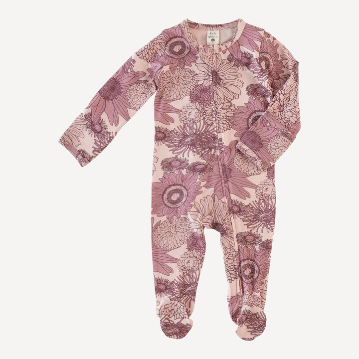 long sleeve zipper footie | pink big sunflower | viscose from bamboo