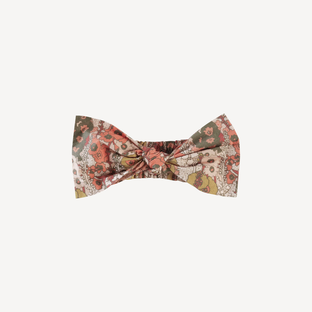 large bow elastic headband | peach hollyhocks | organic cotton mid-weight woven