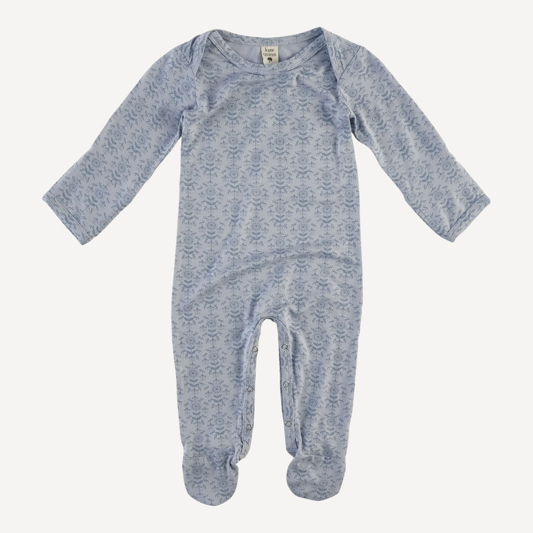 long sleeve lap neck footie | cornflower folk wallpaper | bamboo