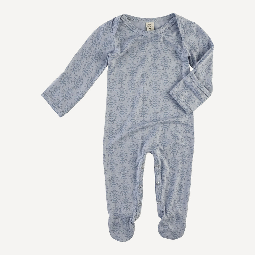 long sleeve lap neck footie | cornflower folk wallpaper | bamboo