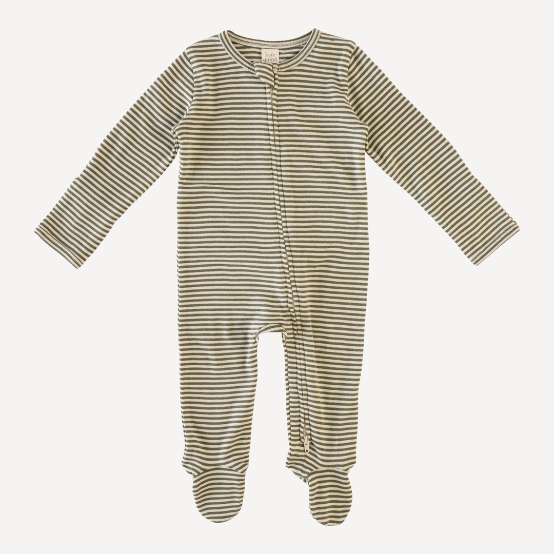 long sleeve zipper footie | green stripe | organic cotton rib