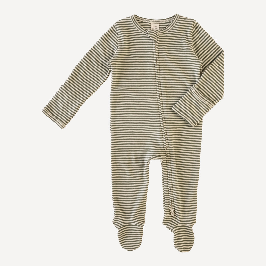 long sleeve zipper footie | green stripe | organic cotton rib