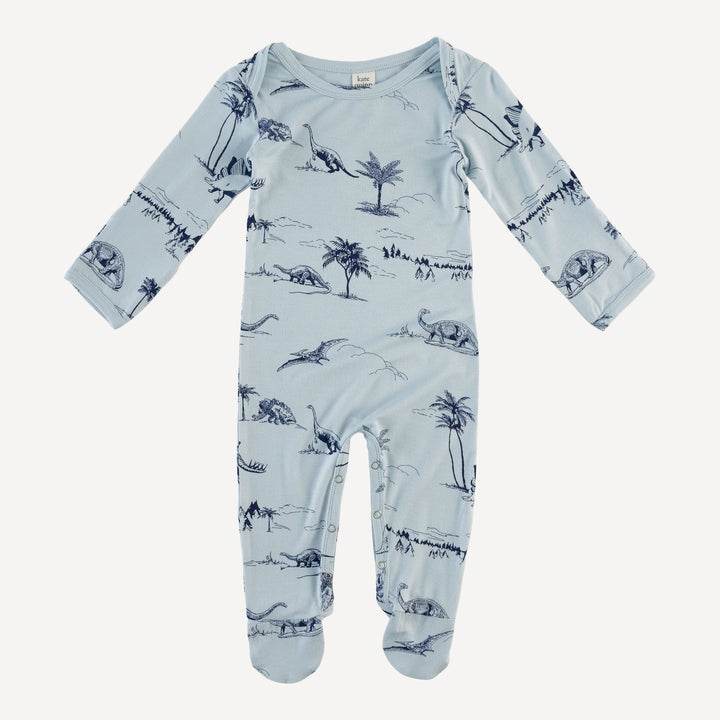 long sleeve lap neck footie | blue dino landscape | bamboo