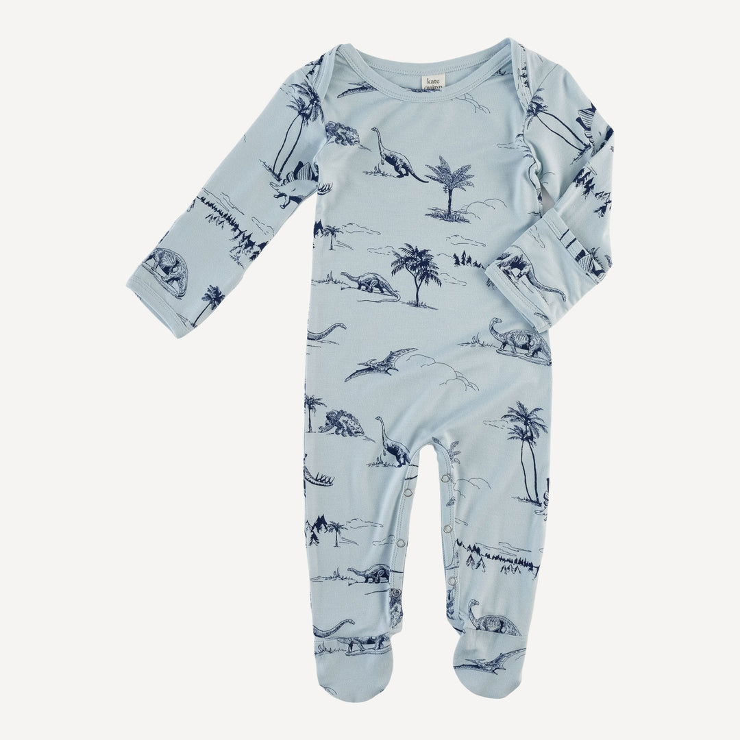 long sleeve lap neck footie | blue dino landscape | bamboo