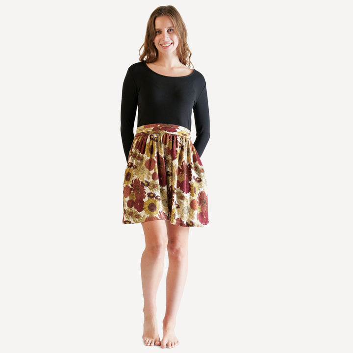 womens 3/4 sleeve classic ballet dress | multi sunflower | organic cotton interlock