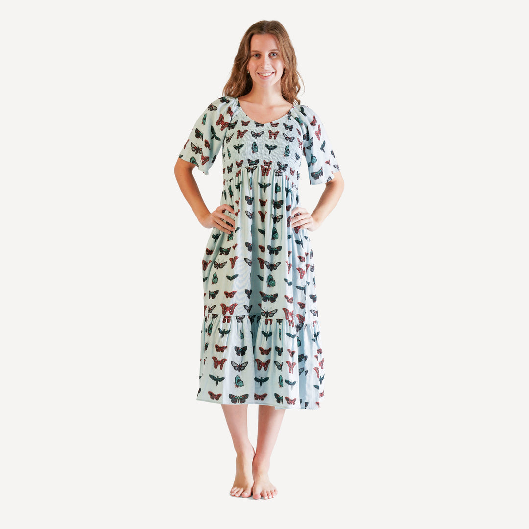 womens flutter sleeve smocked midi dress | turquoise moths | organic cotton gauze