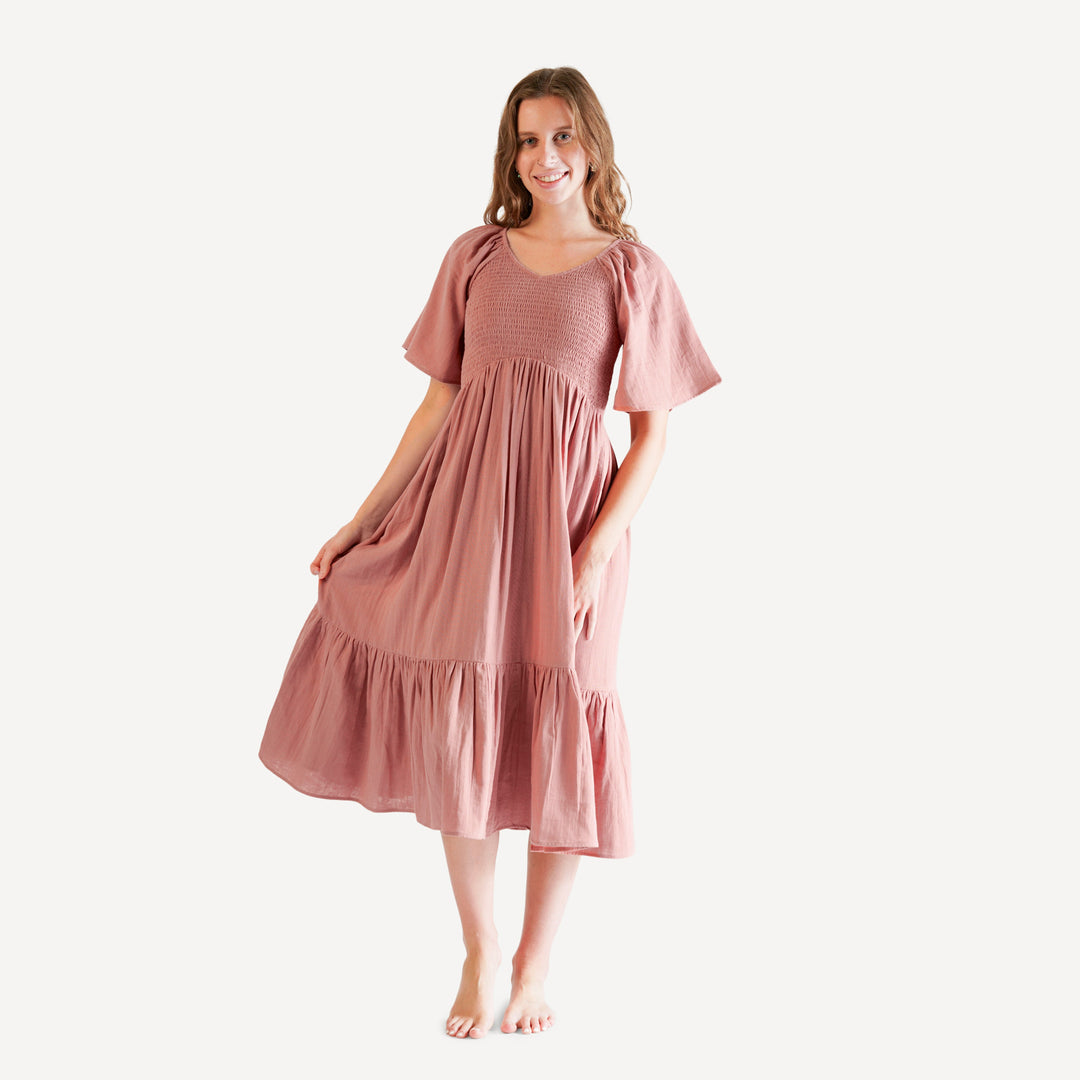 womens flutter sleeve smocked midi dress | soft rose | organic cotton gauze