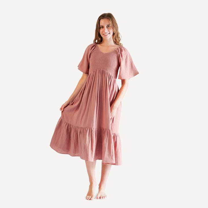 womens flutter sleeve smocked midi dress | soft rose | organic cotton gauze