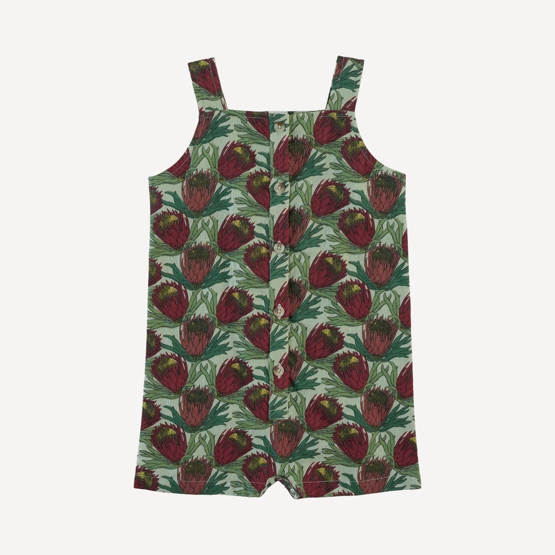 button overall shortie | large proteas | organic cotton gauze