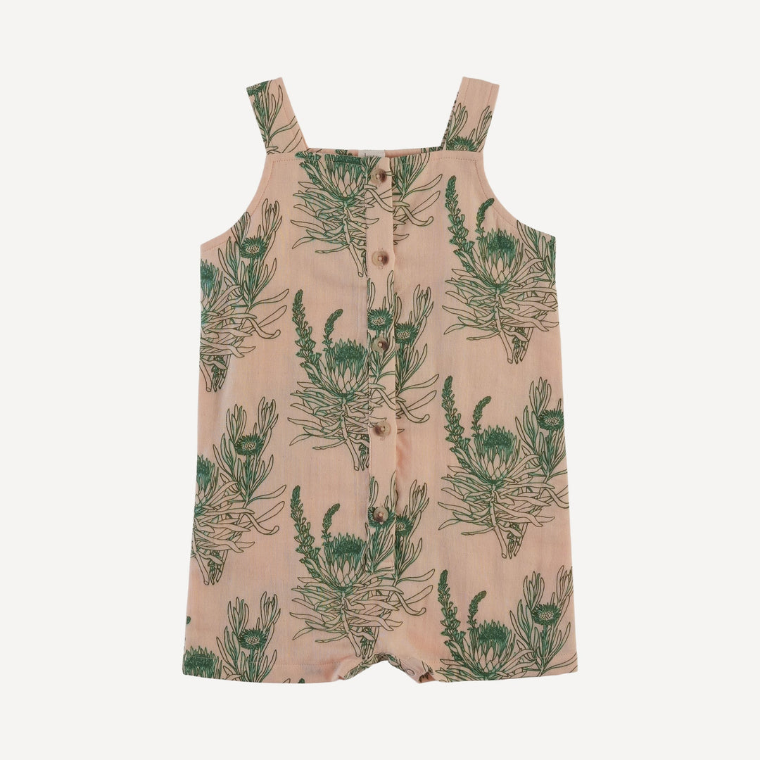 button overall shortie | green proteas | organic cotton gauze
