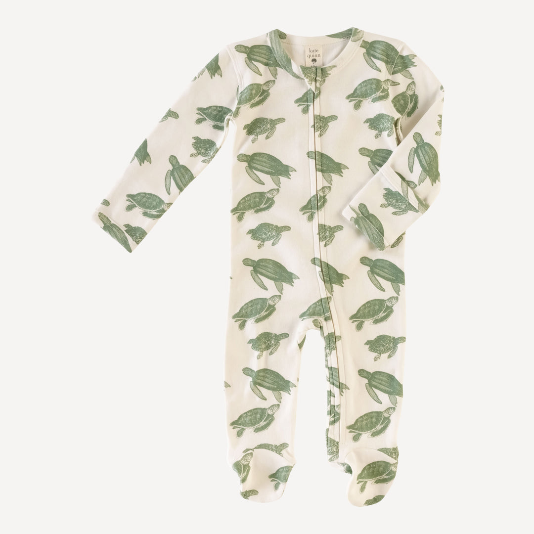 long sleeve zipper footie | green sea turtle | organic cotton interlock