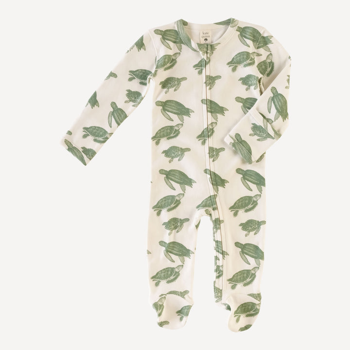 long sleeve zipper footie | green sea turtle | organic cotton interlock