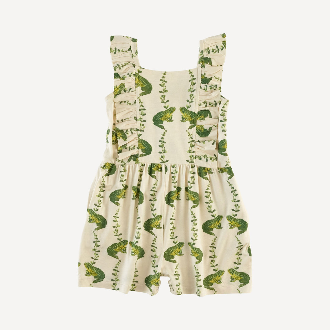 pinafore ruffle romper | garden frog | bamboo