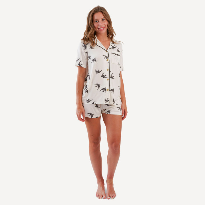 womens short sleeve pj set | black birds | modal