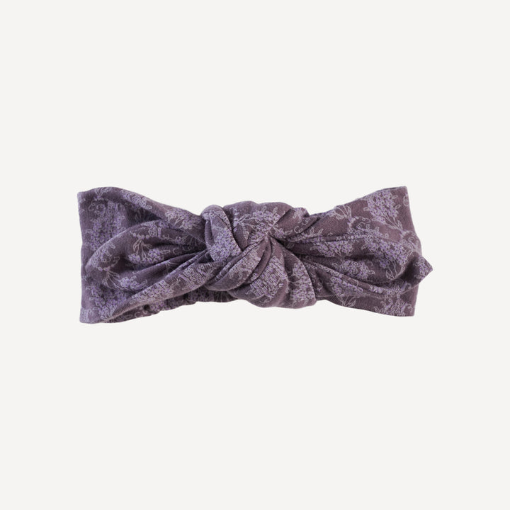 knot top elastic headband | purple woodland paisley | organic cotton interlock