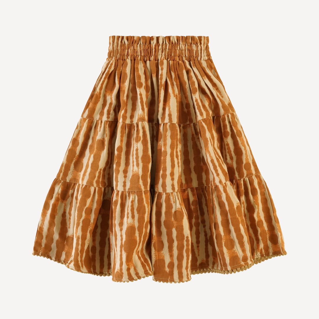 smocked tiered pom pom maxi skirt | spice water drops | organic cotton gauze