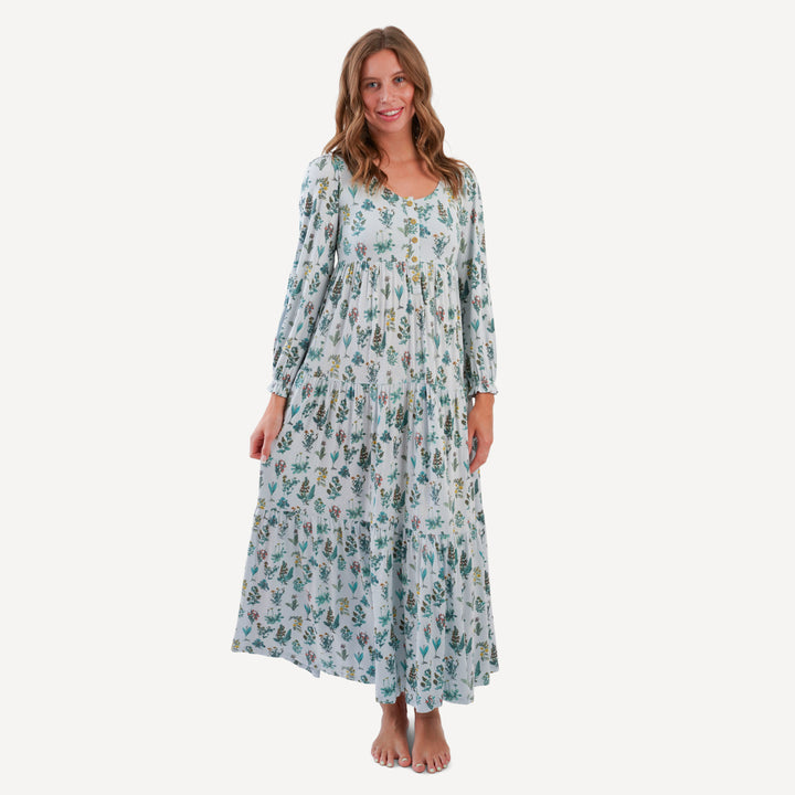 womens long sleeve prairie dress | blue litho floral | modal