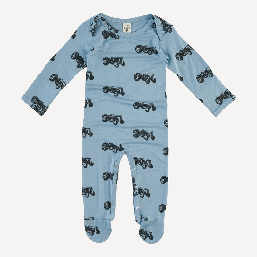 long sleeve lap neck footie | tractor | bamboo